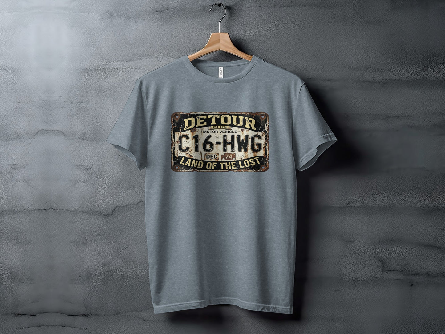 Detour 'Land of the Lost' Vintage | Vintage Outdoor Apparel: Grey t-shirt with DETOUR C16-HWG LAND OF THE LOST license plate design.