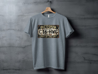 Detour 'Land of the Lost' Vintage | Vintage Outdoor Apparel: Grey t-shirt with DETOUR C16-HWG LAND OF THE LOST license plate design.