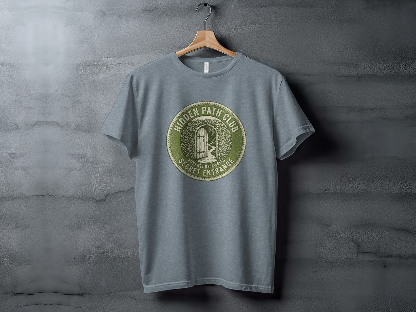 Hidden Path Club: Secret Entrance | Vintage Outdoor Apparel: Gray t-shirt with "Hidden Path Club" circular logo featuring a door in an archway.