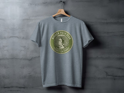 Hidden Path Club: Secret Entrance | Vintage Outdoor Apparel: Gray t-shirt with "Hidden Path Club" circular logo featuring a door in an archway.