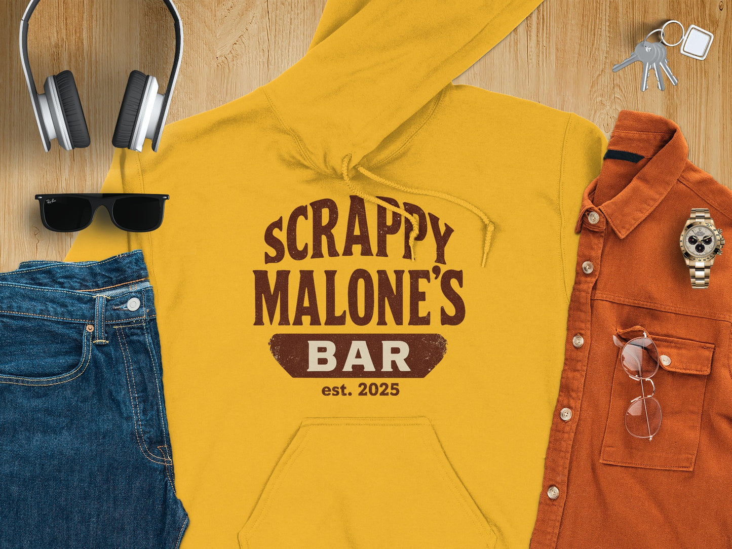 Scrappy Malone's Bar Est 2025 Vintage Style Hoodie - Retro Tavern Design Hoodie - Scrappy Malone's Bar 100-Proof Humor - Cloud 16 Clothing Co.