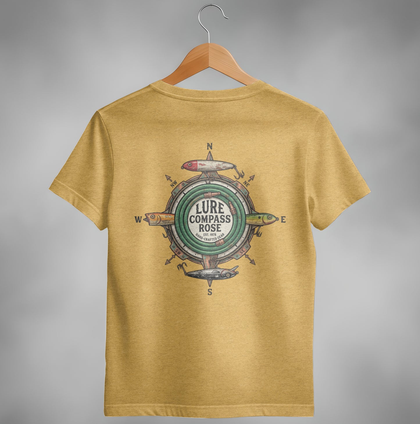 Yellow t-shirt back with compass rose logo featuring LURE COMPASS ROSE EST. 1978.