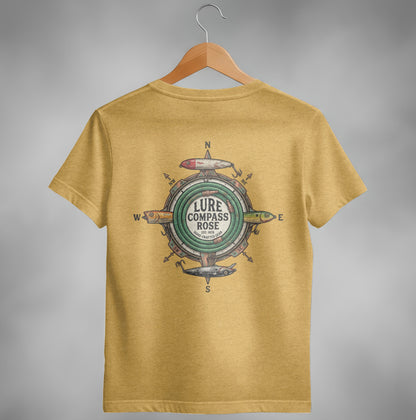 Yellow t-shirt back with compass rose logo featuring LURE COMPASS ROSE EST. 1978.