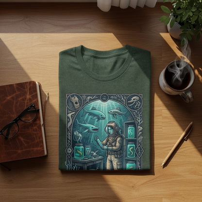 T-shirt with illustration of an astronaut in a marine research lab.