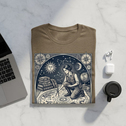 T-shirt featuring a celestial map design with a woman studying stars and planets.