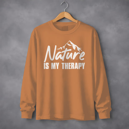 Nature Is My Therapy Mountain Graphic Text Long Sleeve T-Shirt Long Sleeve Tee - Outdoor & Adventure Collection - Mile Marker 16 Gear by Cloud 16 Clothing Co.