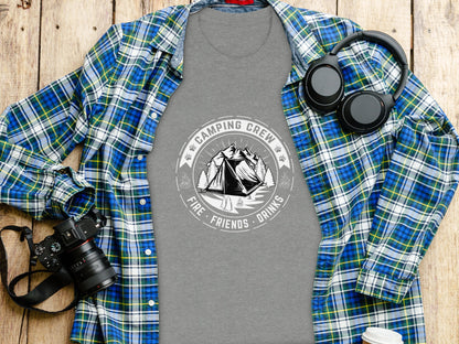 Camping Crew Friends Drinks Fire Tent Mountain Scene T-Shirt T-Shirt - Outdoor & Adventure Collection - Mile Marker 16 Gear by Cloud 16 Clothing Co.