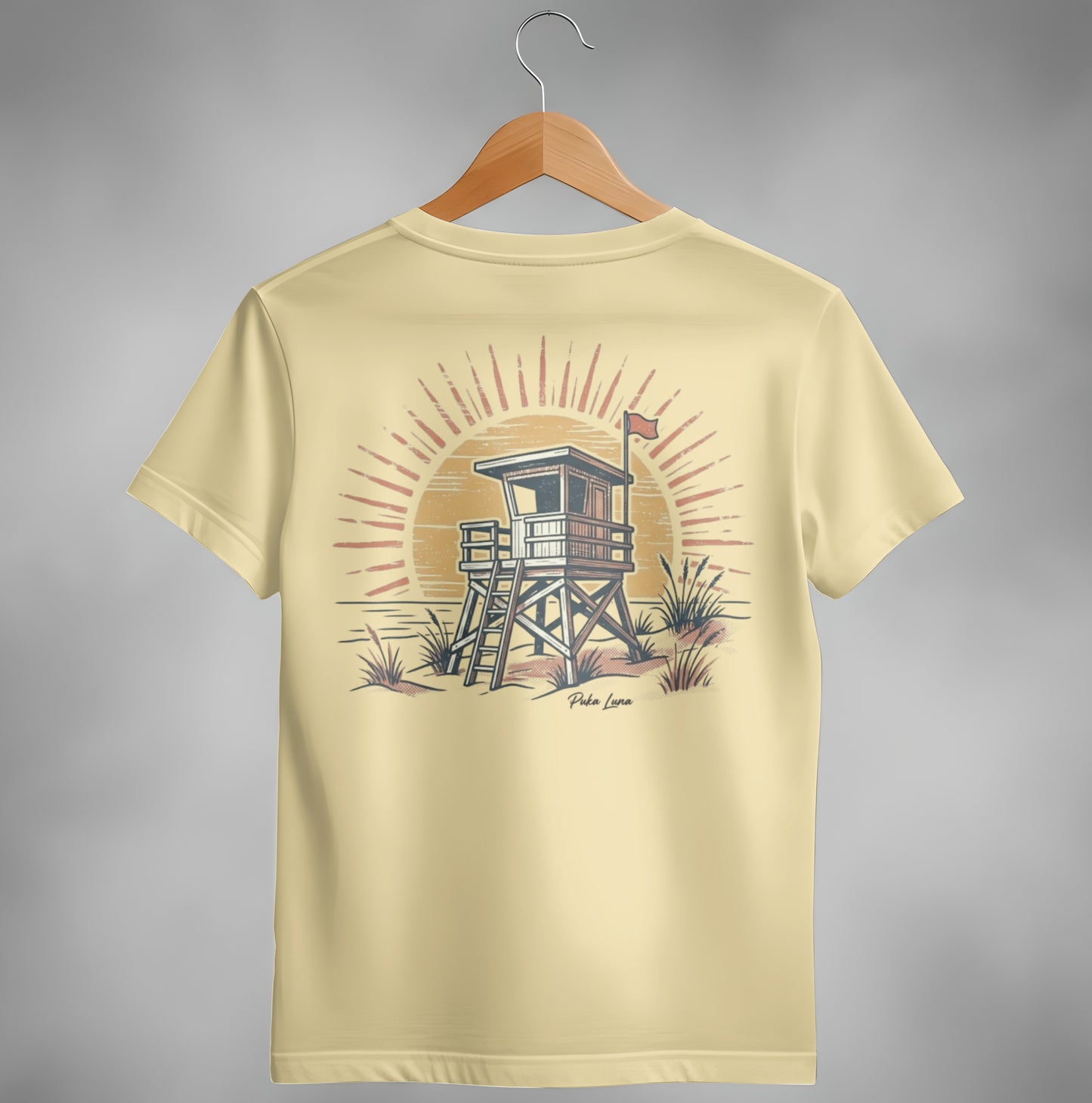 Lifeguard tower on a beach with sun rays, "Poko Luna" text.