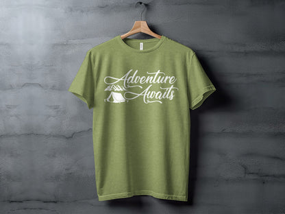 Adventure Awaits Tent Mountains Graphic Design T-Shirt T-Shirt - Outdoor & Adventure Collection - Mile Marker 16 Gear by Cloud 16 Clothing Co.