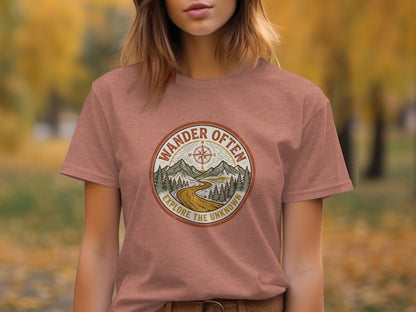 The Original Wander Often Vintage Explorer Adventure Top: Round graphic with mountains, trees, and compass. Text: "Wander Often Explore the Unknown."