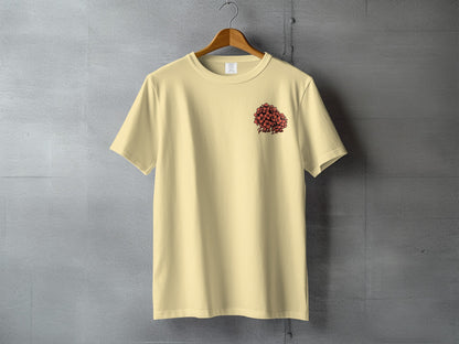 Pale yellow t-shirt with a cluster of red hearts graphic and "Pure Pure" text.