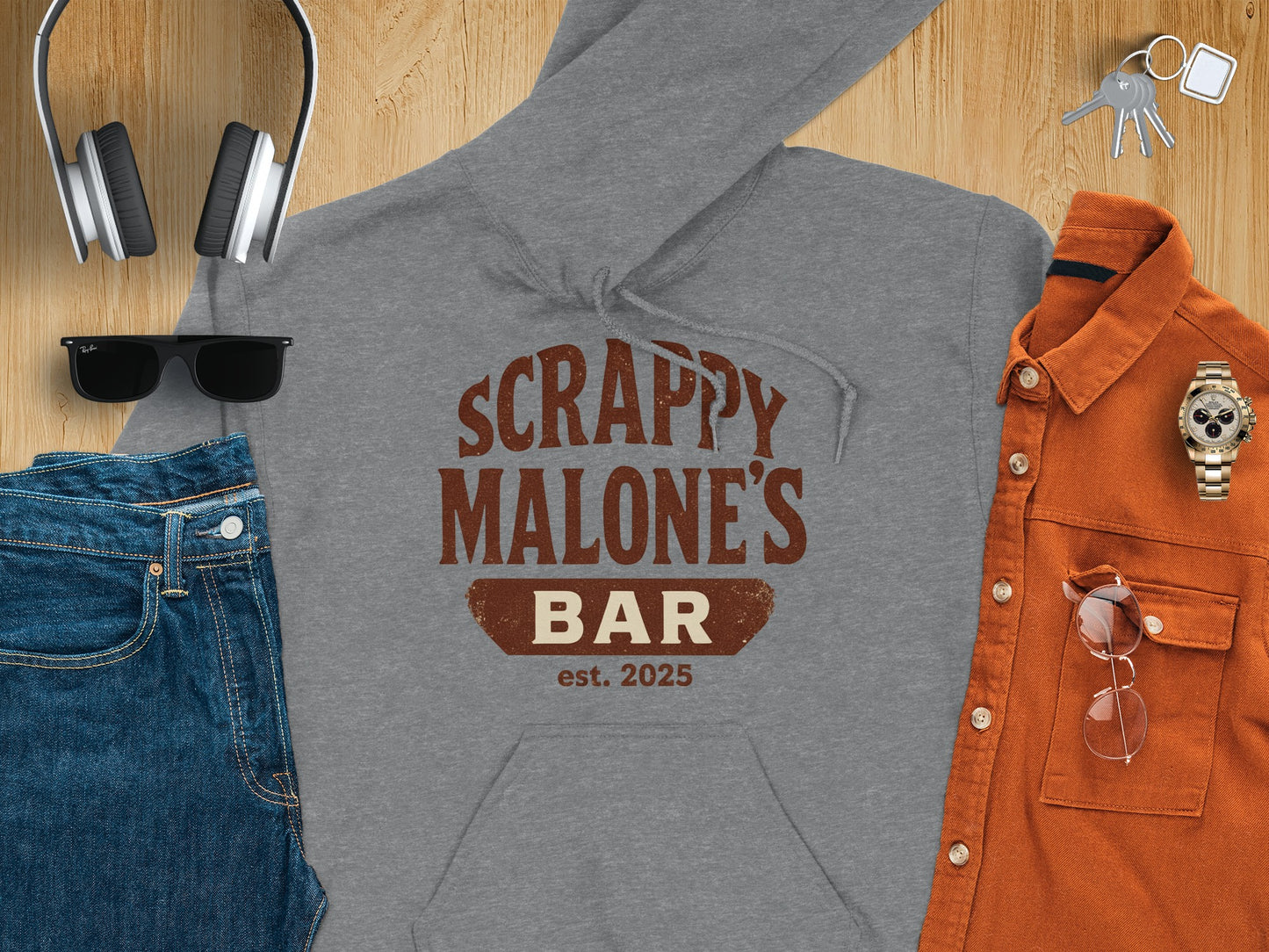 Scrappy Malone's Bar Est 2025 Vintage Style Hoodie - Retro Tavern Design Hoodie - Scrappy Malone's Bar 100-Proof Humor - Cloud 16 Clothing Co.