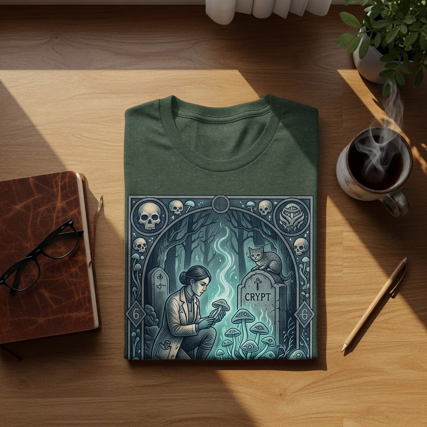 Dark green t-shirt with a crypt and glowing mushrooms illustrated on it.