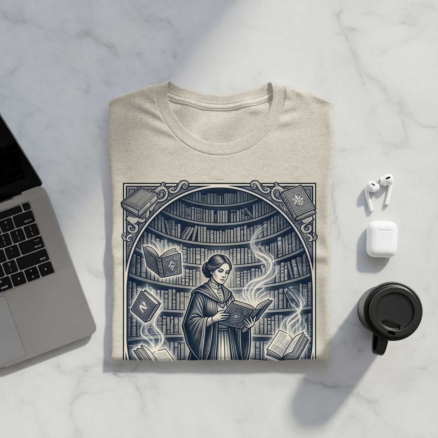 T-shirt with a woman reading surrounded by magical books in a library.