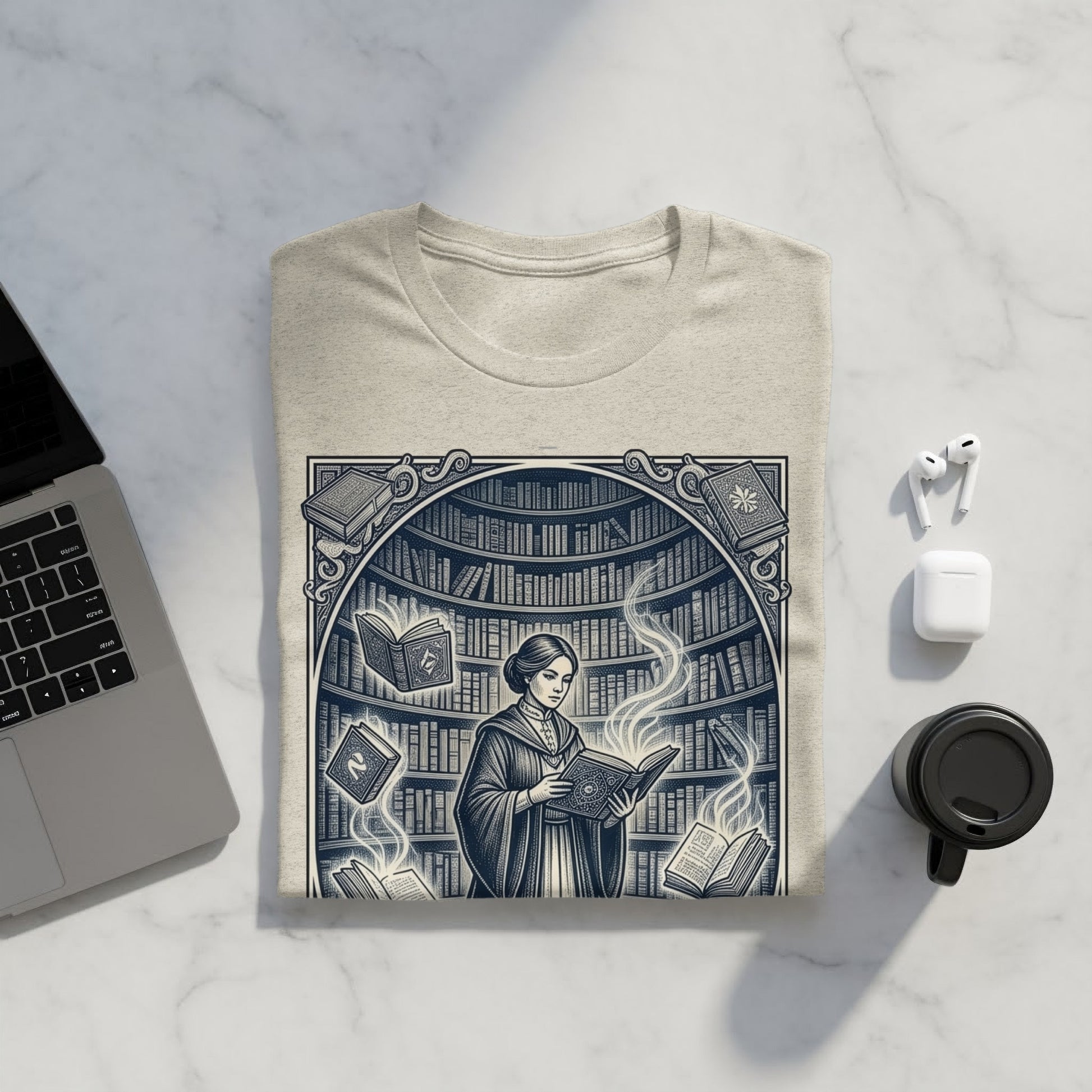 T-shirt with a woman reading surrounded by magical books in a library.