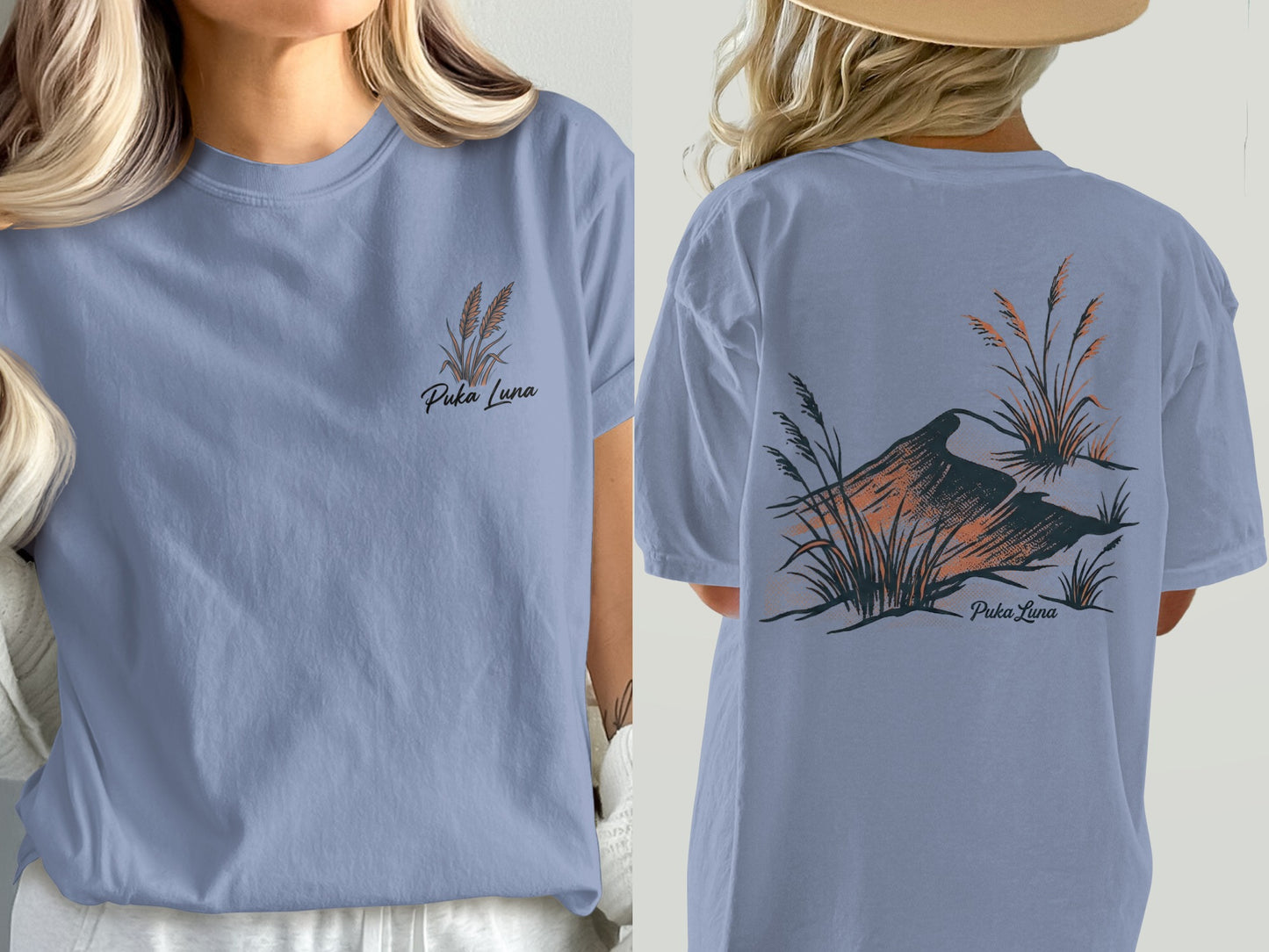 Puka Luna t-shirt with a minimalist design of wheat stalks and a bird on back.