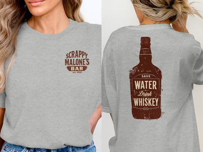 Save Water Drink Whiskey Funny Saying Graphic Bottle T-Shirt T-shirt - Scrappy Malone's Bar 100-Proof Humor - Cloud 16 Clothing Co.