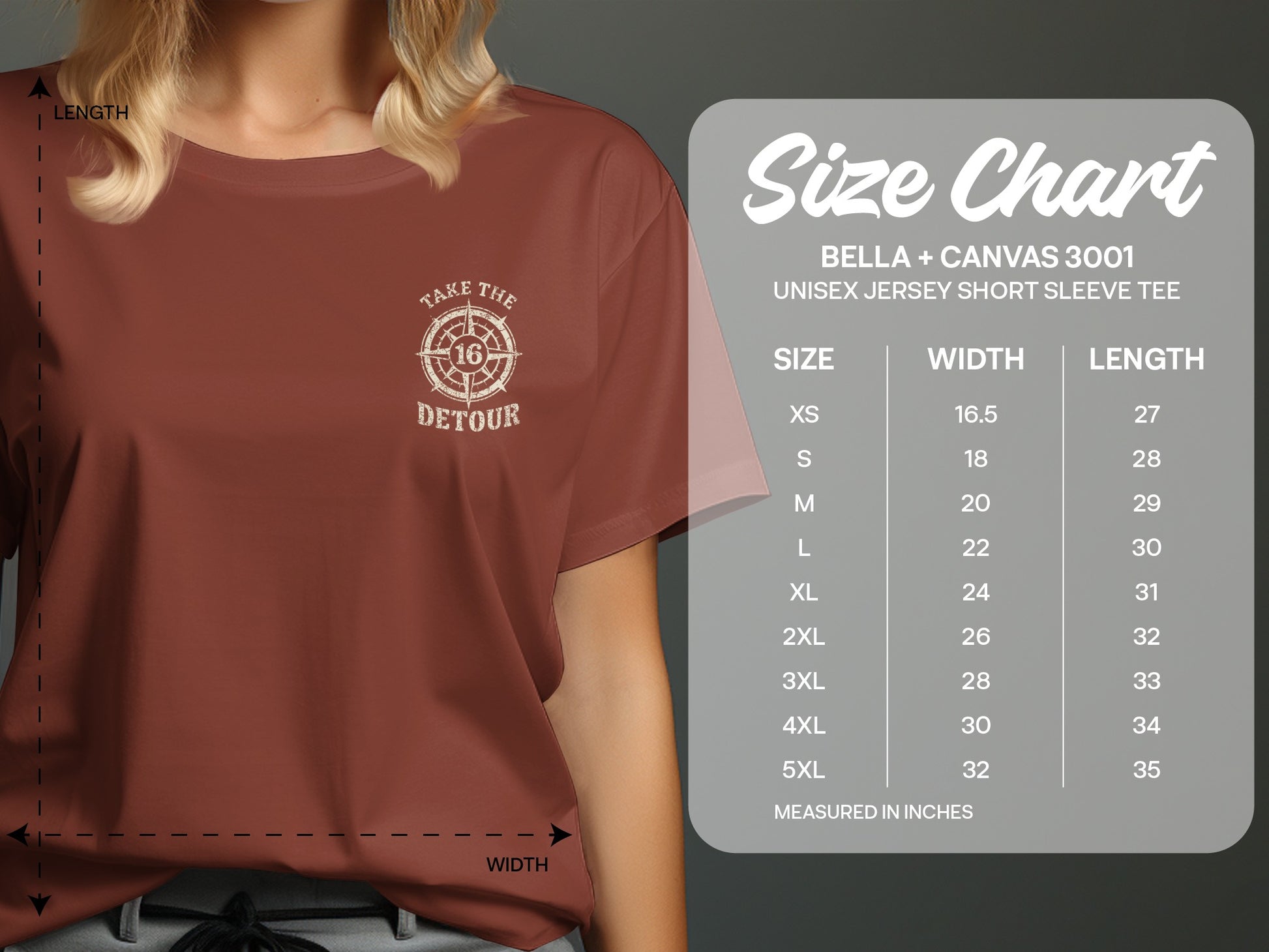 Brown unisex Bella + Canvas t-shirt with "Take the Detour" graphic and size chart.
