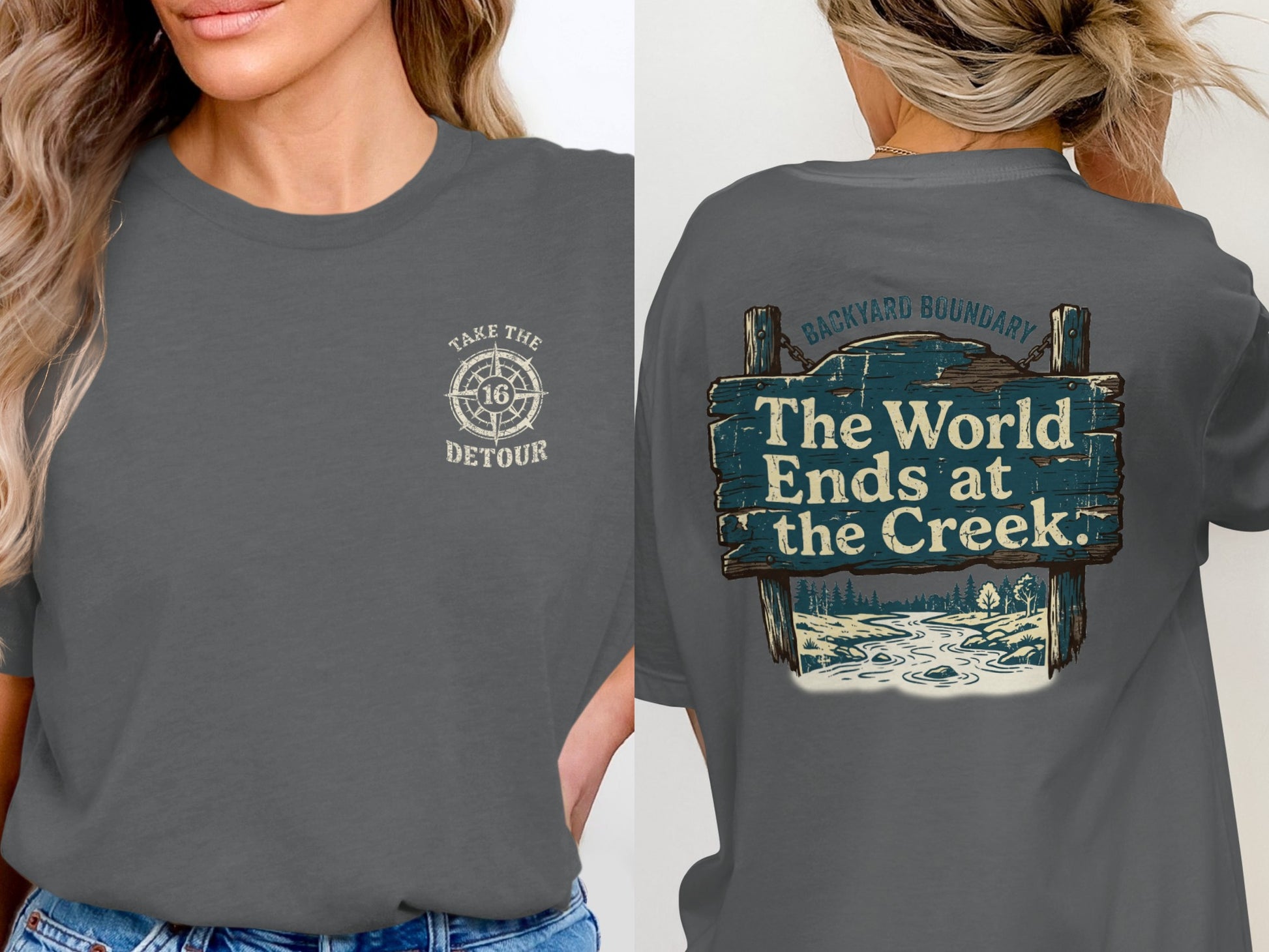 Dark gray t-shirt with "Take the Detour 16" on front and "The World Ends at the Creek" on back.