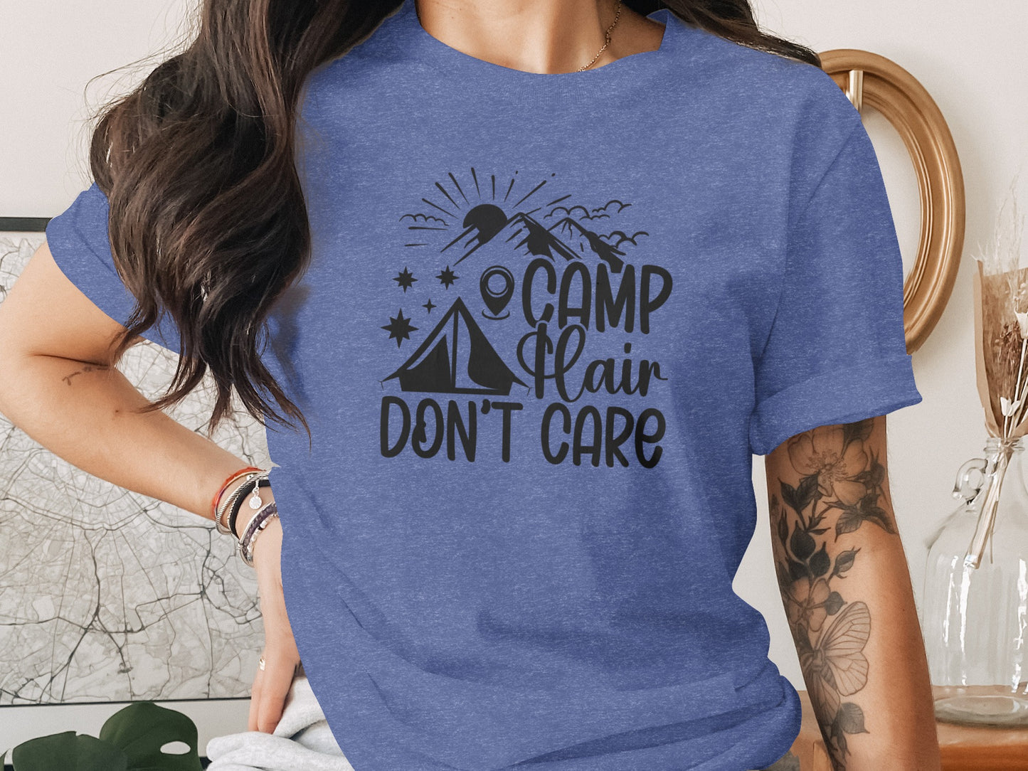 Camp Hair Dont Care with Mountain Scene Graphic T-Shirt T-Shirt - Outdoor & Adventure Collection - Mile Marker 16 Gear by Cloud 16 Clothing Co.