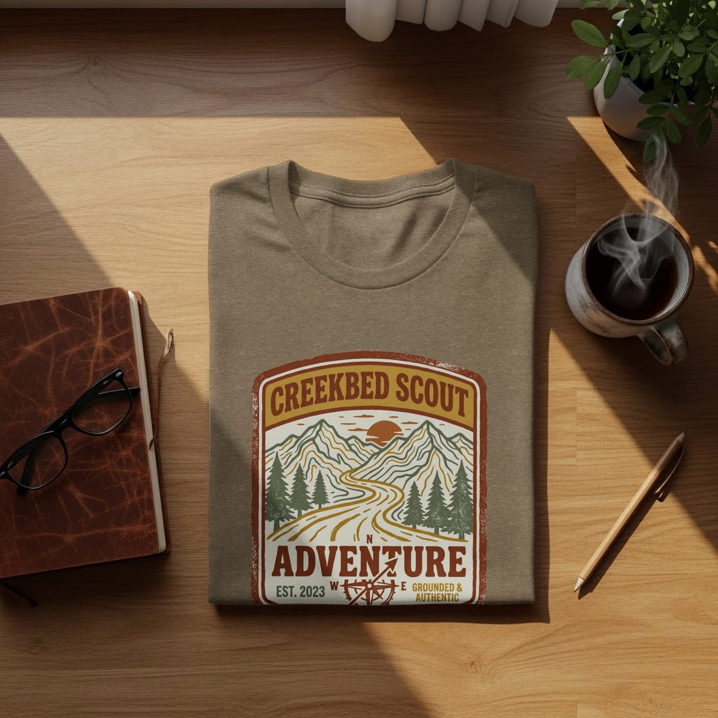 Rugged Creekbed Scout Adventure Emblem Wilderness Shirt: Brown t-shirt with "Creekbed Scout Adventure" logo featuring mountains and a winding road.