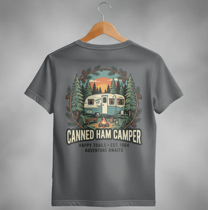T-shirt with "Canned Ham Camper" logo featuring a vintage camper and forest scene.