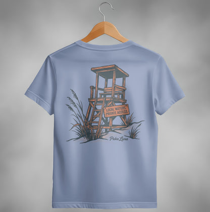 Light blue t-shirt with a graphic of a lifeguard tower and text "Local Waters. Private Access."