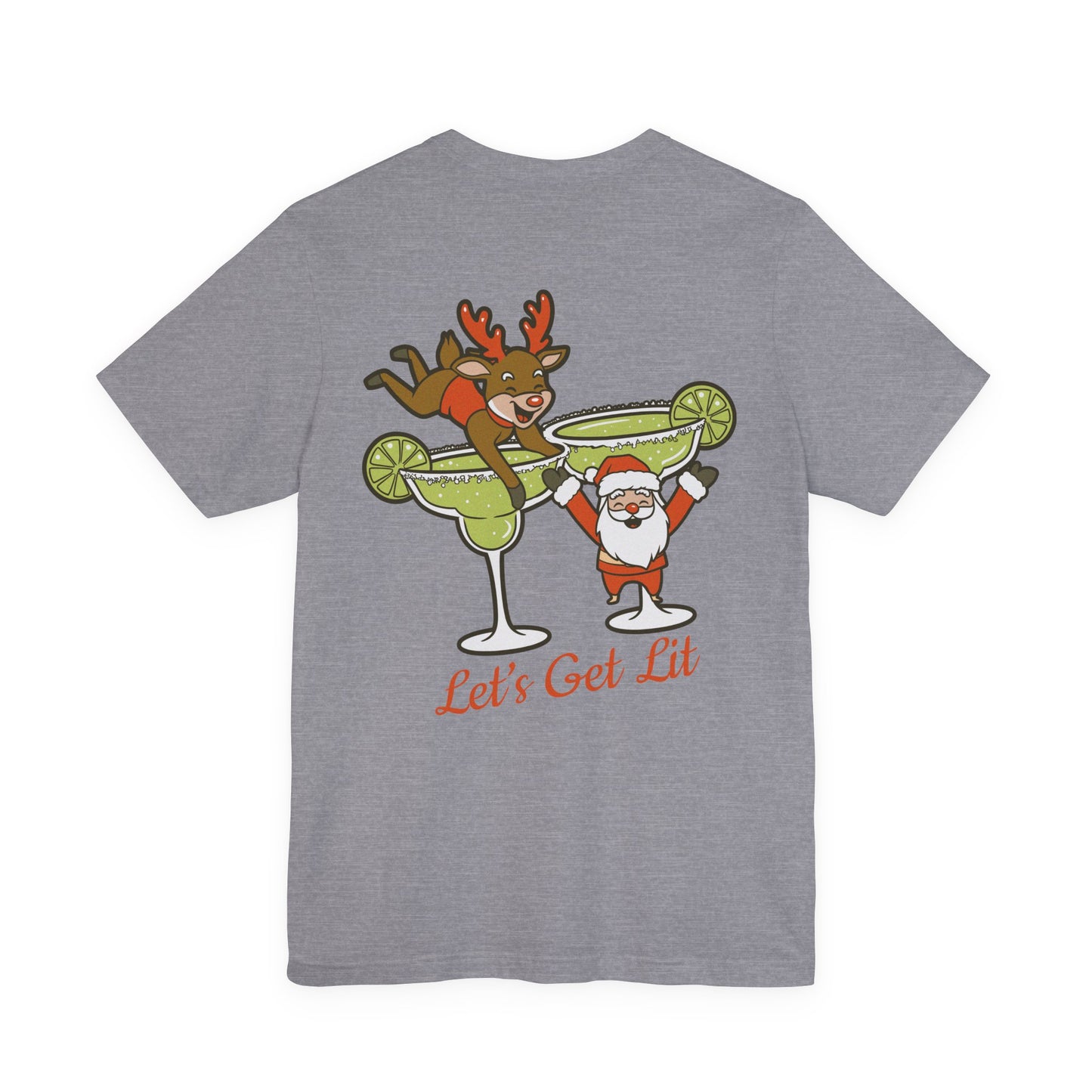 Scrappy Malone's Bar Christmas Tee — "Let's Get Lit" Santa & Rudolf Hanging from Martini Glass