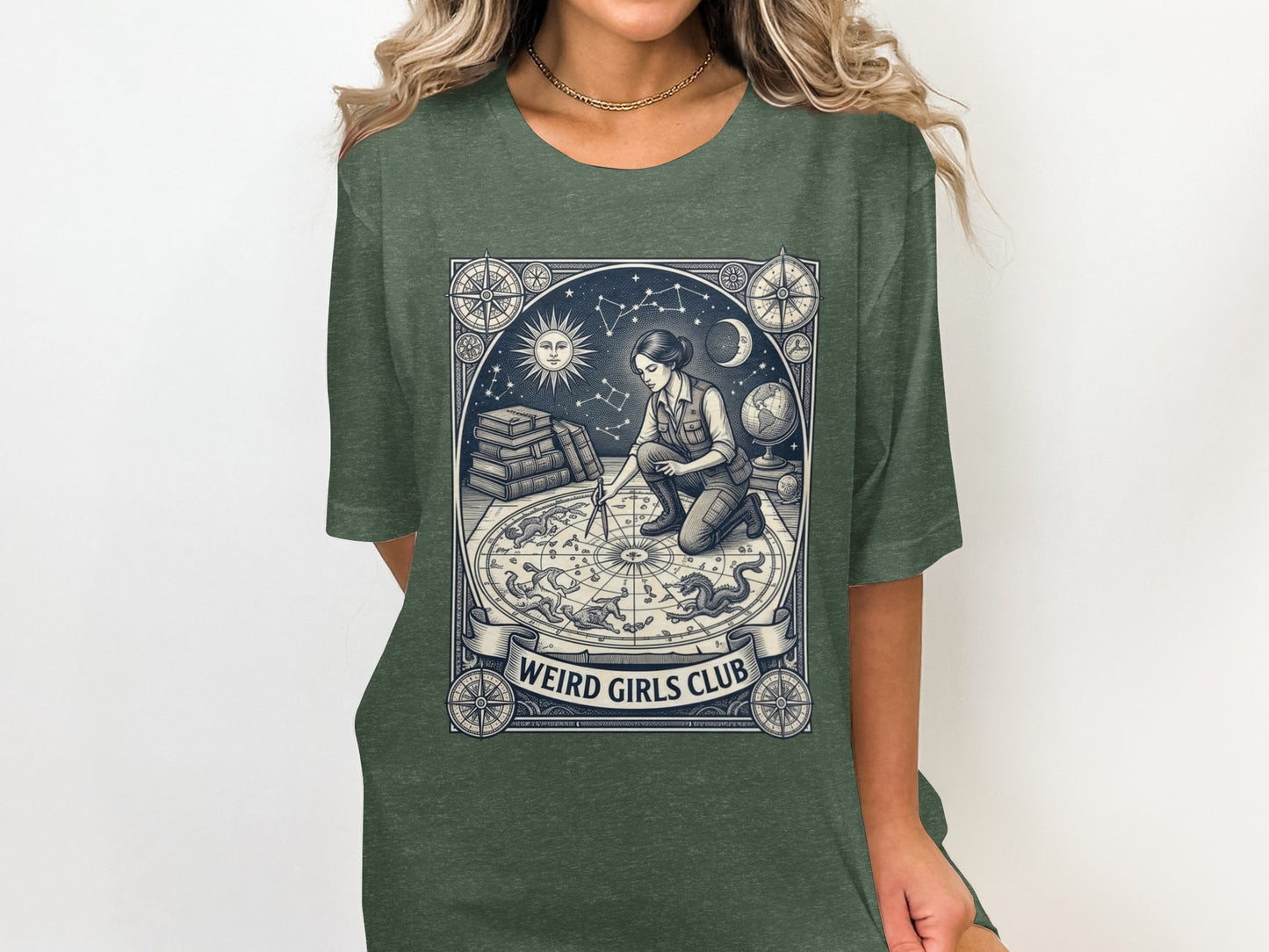 Graphic tee with "Weird Girls Club" text and astrological-themed illustration.