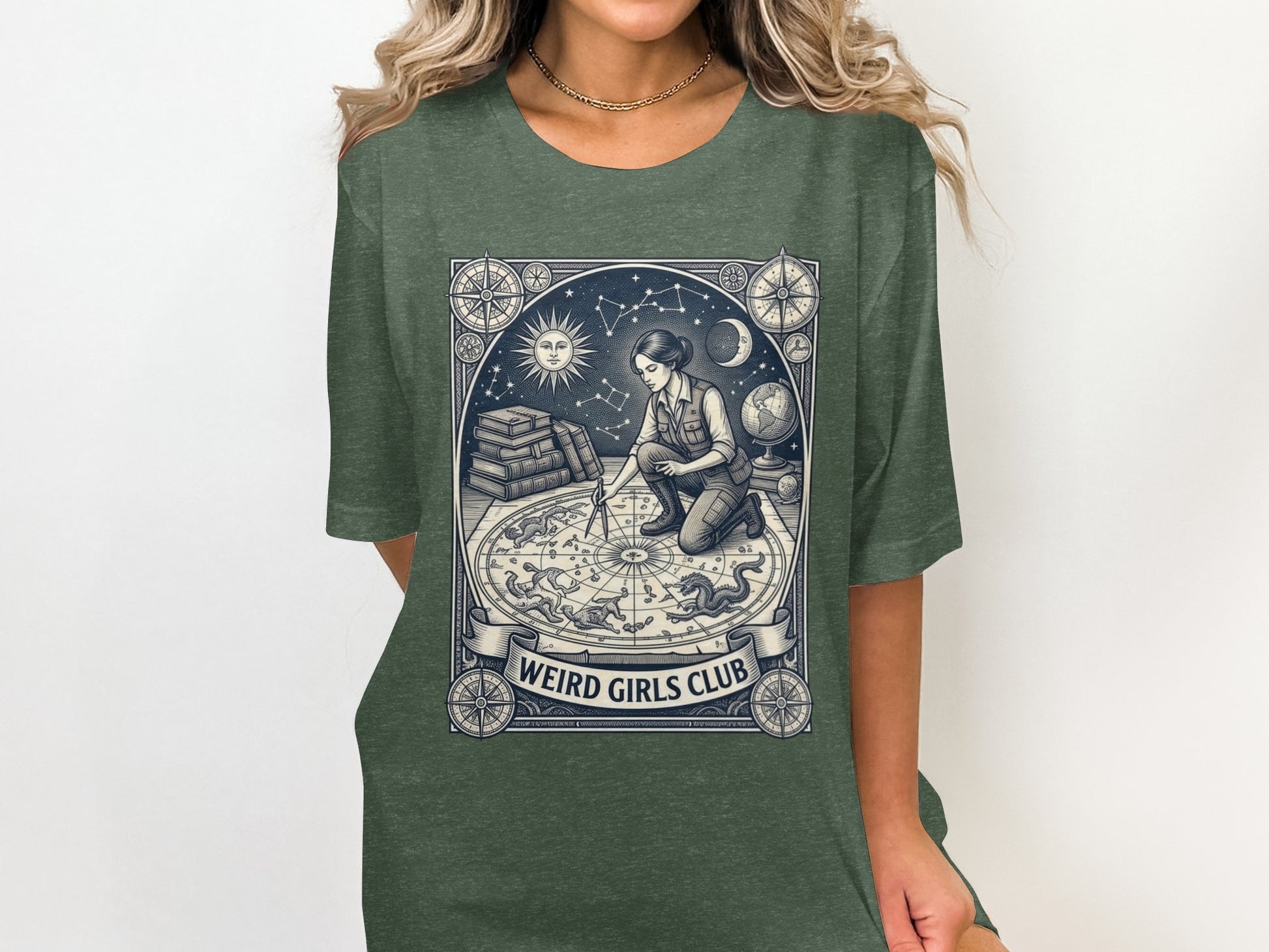 Graphic tee with "Weird Girls Club" text and astrological-themed illustration.