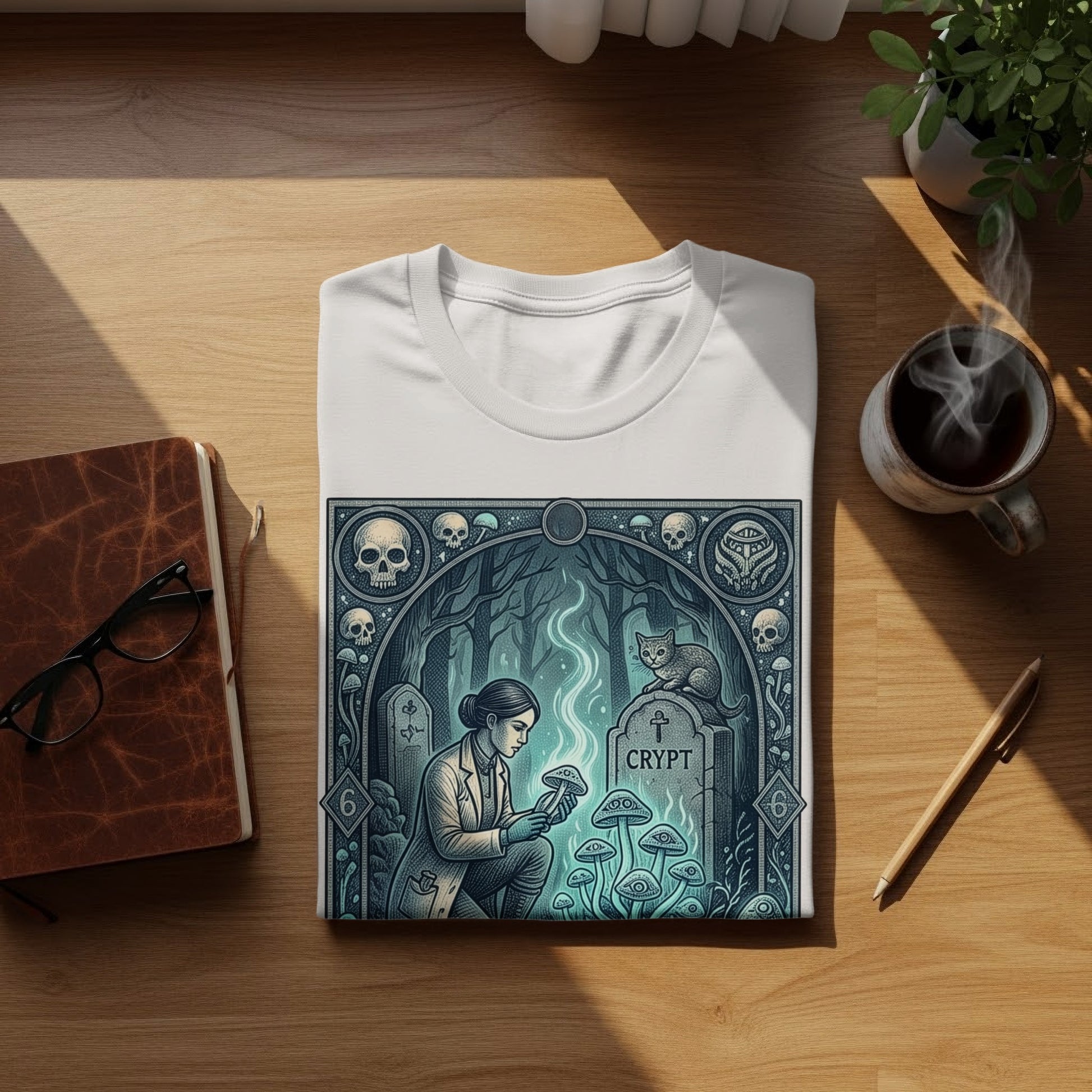 T-shirt featuring a scientist in a dark forest with mushrooms and a crypt.