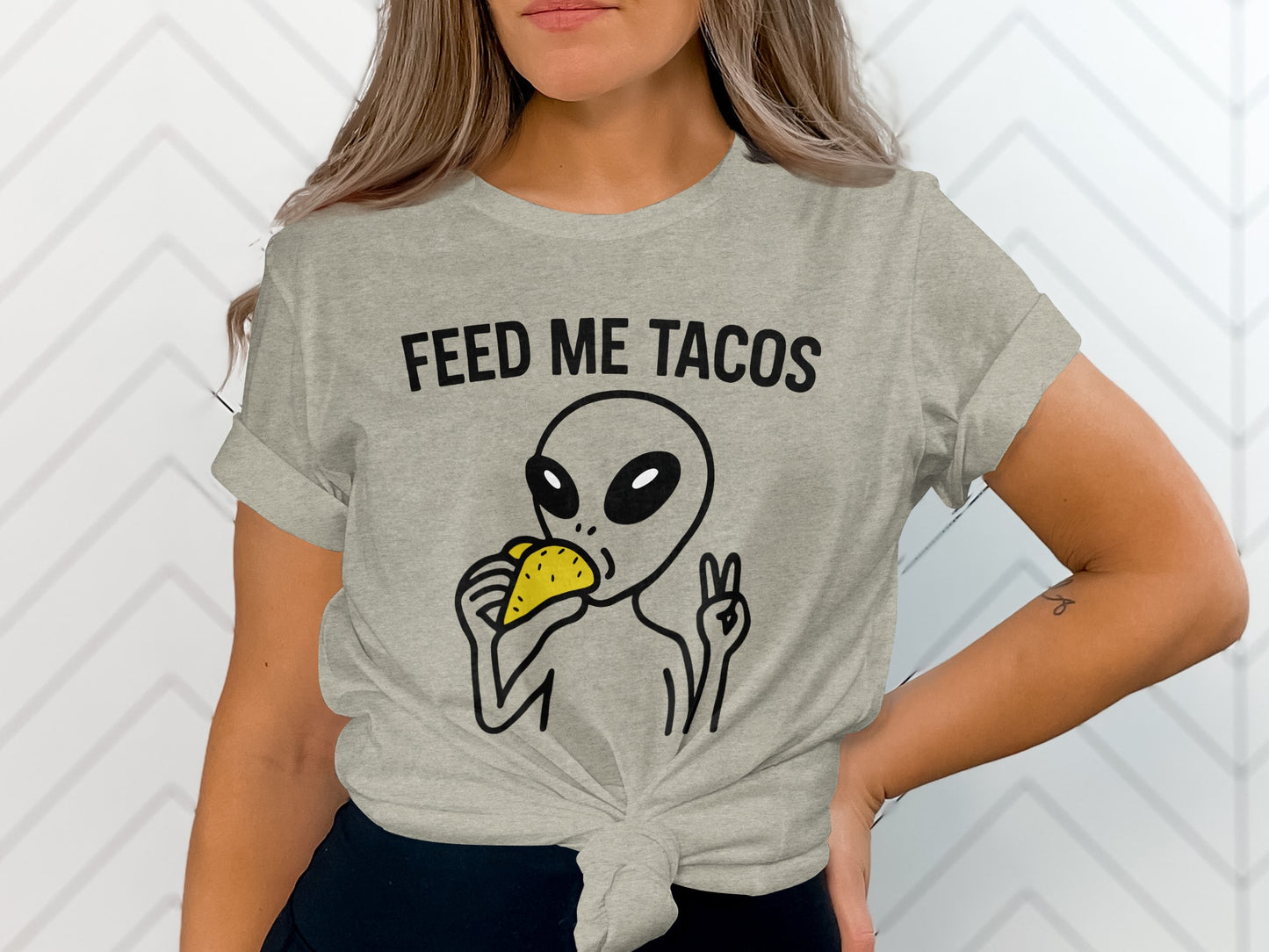 Feed Me Tacos Alien Eating Taco Graphic Tee Shirt