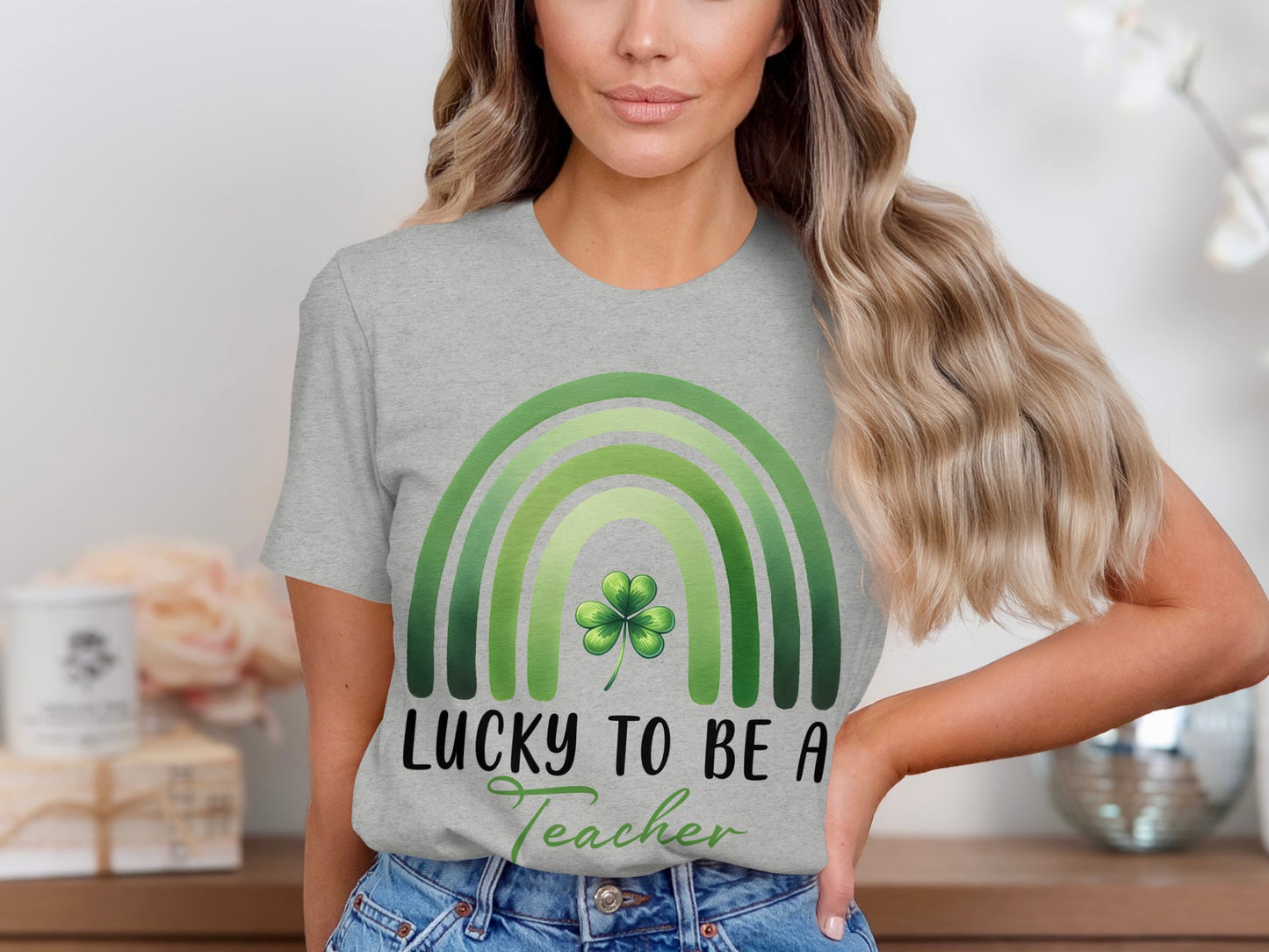 Lucky to Be a Teacher T-Shirt with Green Clover Design