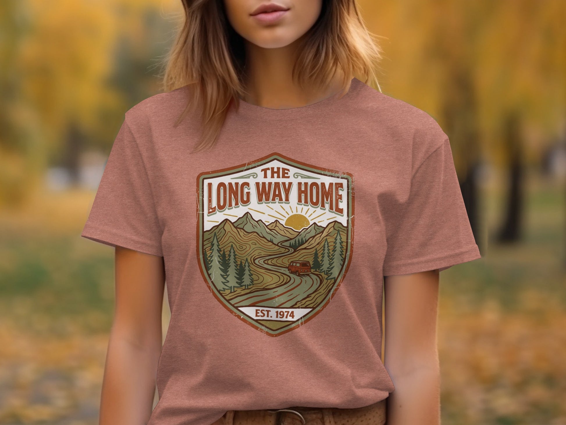 Rugged The Long Way Home | Vintage Adventure Wilderness Shirt: Rustic t-shirt design with "The Long Way Home" and a vintage van on a winding road.