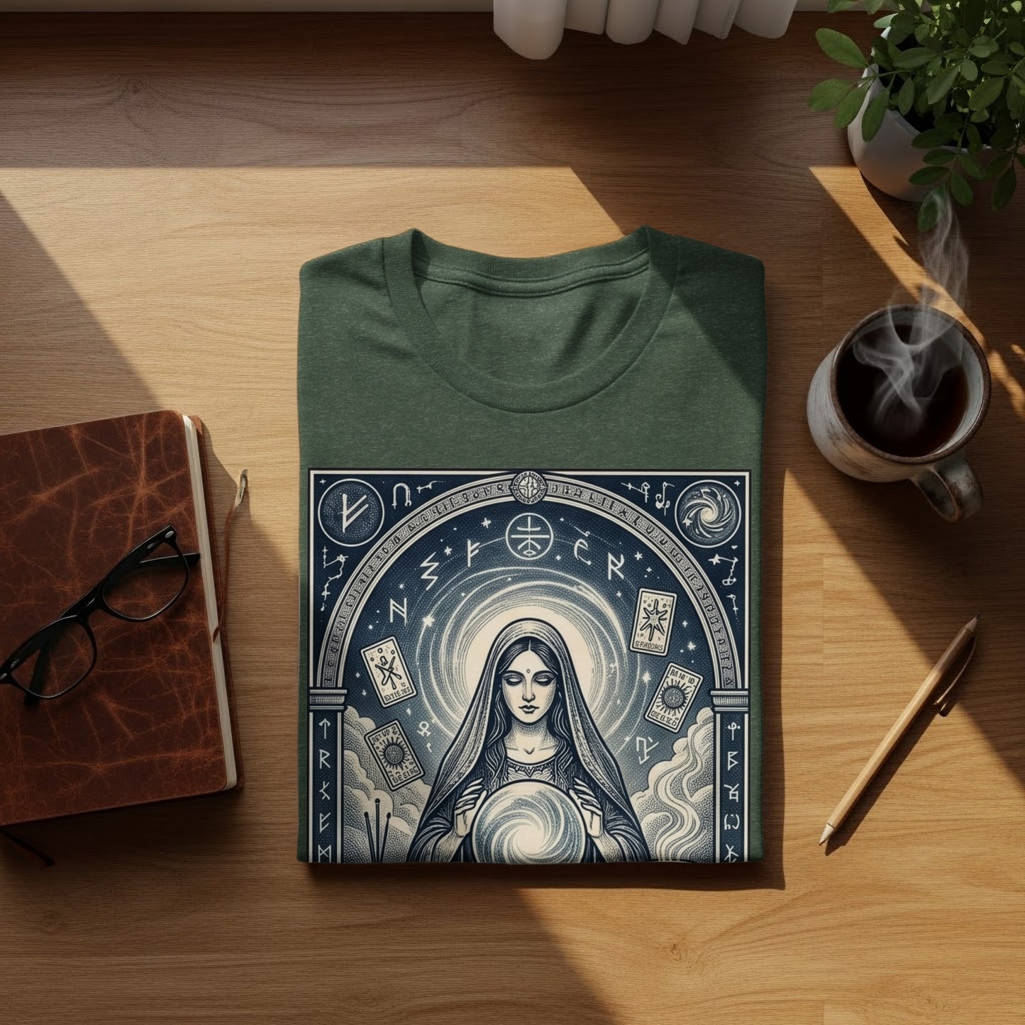 Green t-shirt with mystical woman and celestial designs.