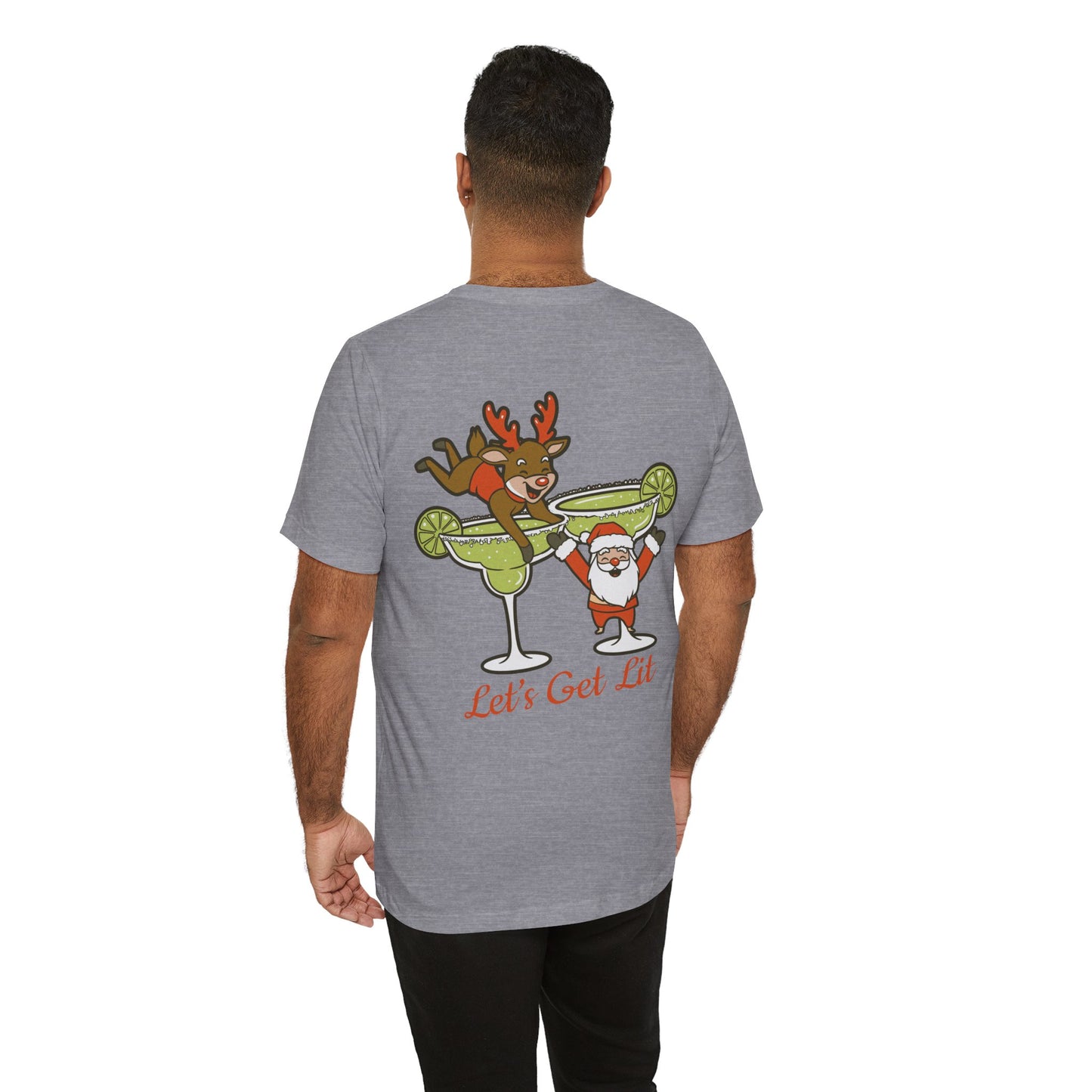Scrappy Malone's Bar Christmas Tee — "Let's Get Lit" Santa & Rudolf Hanging from Martini Glass