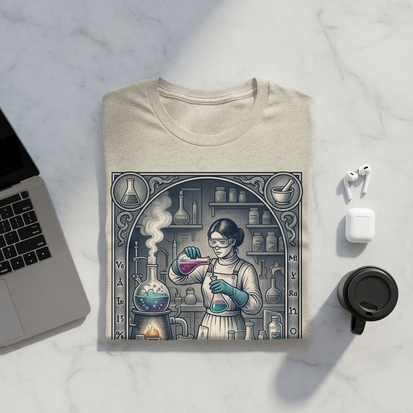 Scientist in lab coat pouring liquid into flask, t-shirt mockup.