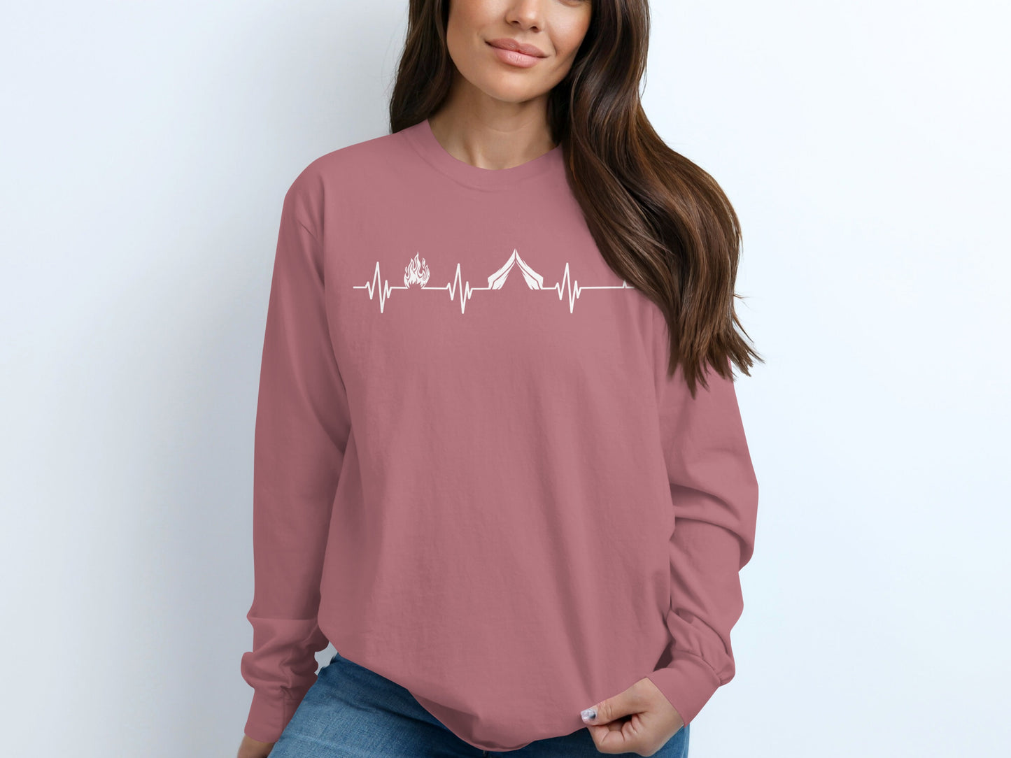 Camping Fire Tent Heartbeat Outdoor Adventure Long Sleeve T-Shirt Long Sleeve Tee - Outdoor & Adventure Collection - Mile Marker 16 Gear by Cloud 16 Clothing Co.