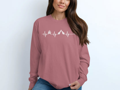 Camping Fire Tent Heartbeat Outdoor Adventure Long Sleeve T-Shirt Long Sleeve Tee - Outdoor & Adventure Collection - Mile Marker 16 Gear by Cloud 16 Clothing Co.
