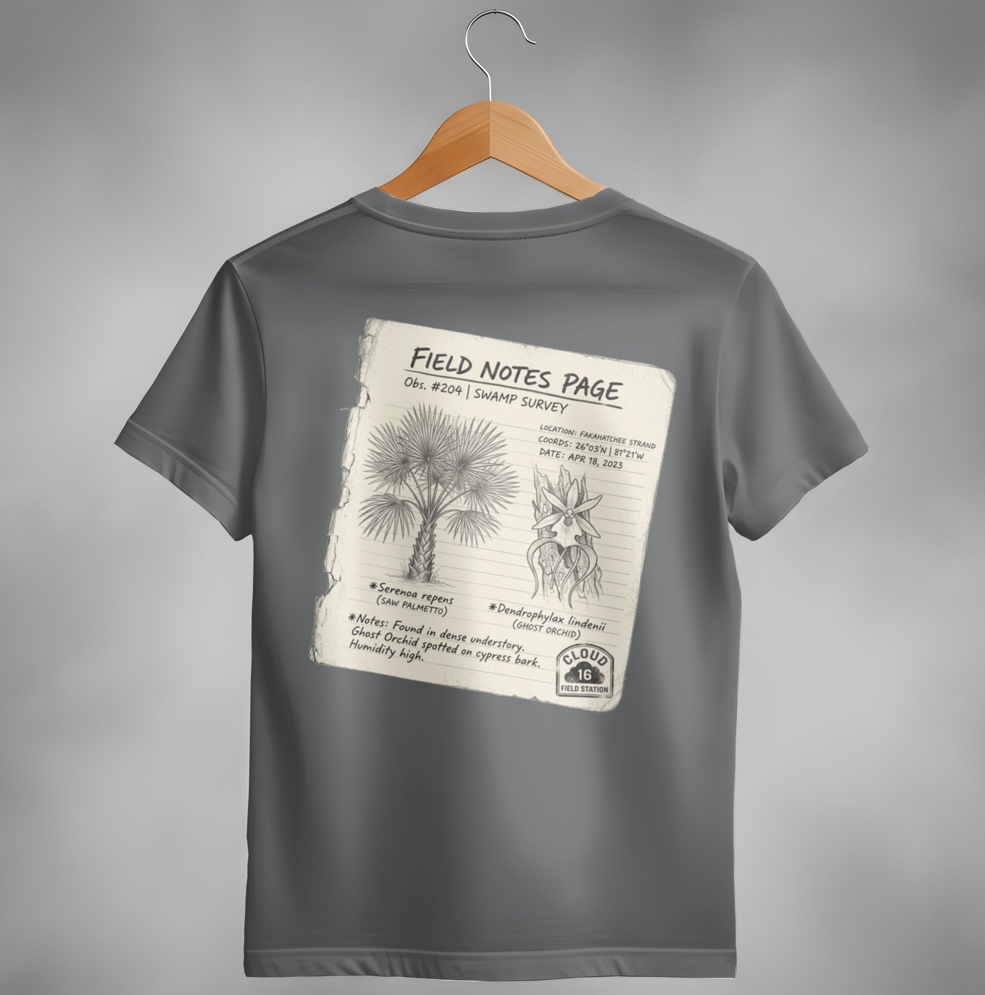 Field Notes Page design for a t-shirt with palm and orchid drawings.