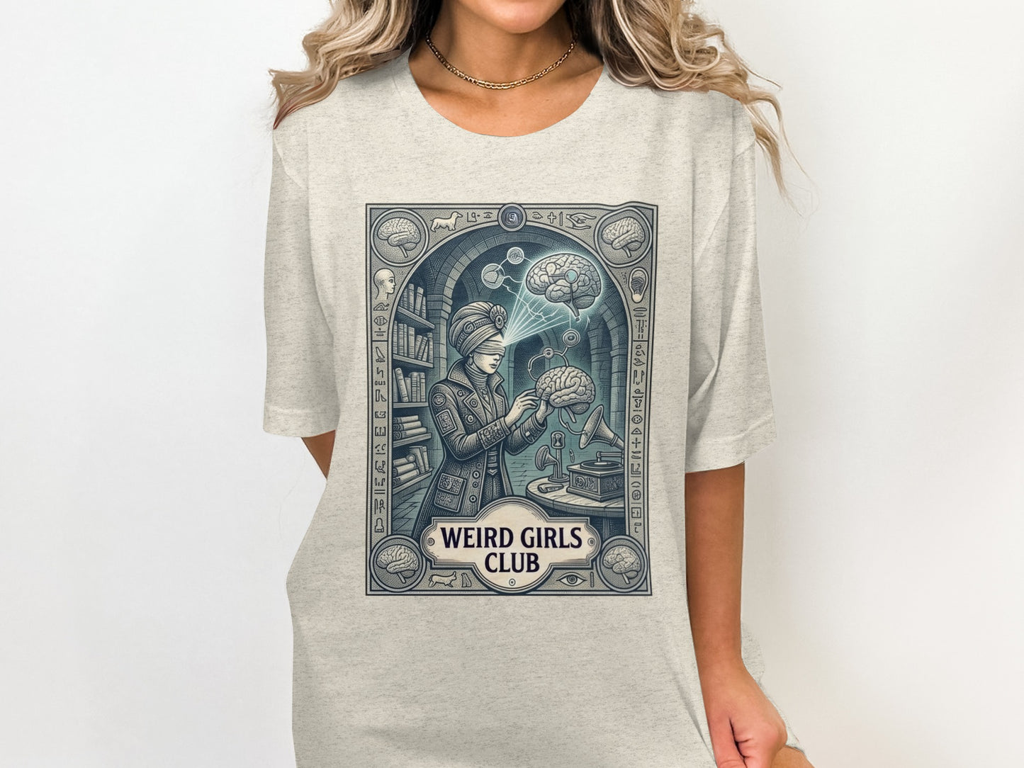Illustration of woman with brain symbols, "Weird Girls Club" text.