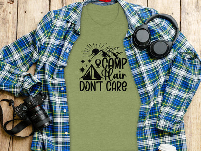 Camp Hair Dont Care with Mountain Scene Graphic T-Shirt T-Shirt - Outdoor & Adventure Collection - Mile Marker 16 Gear by Cloud 16 Clothing Co.