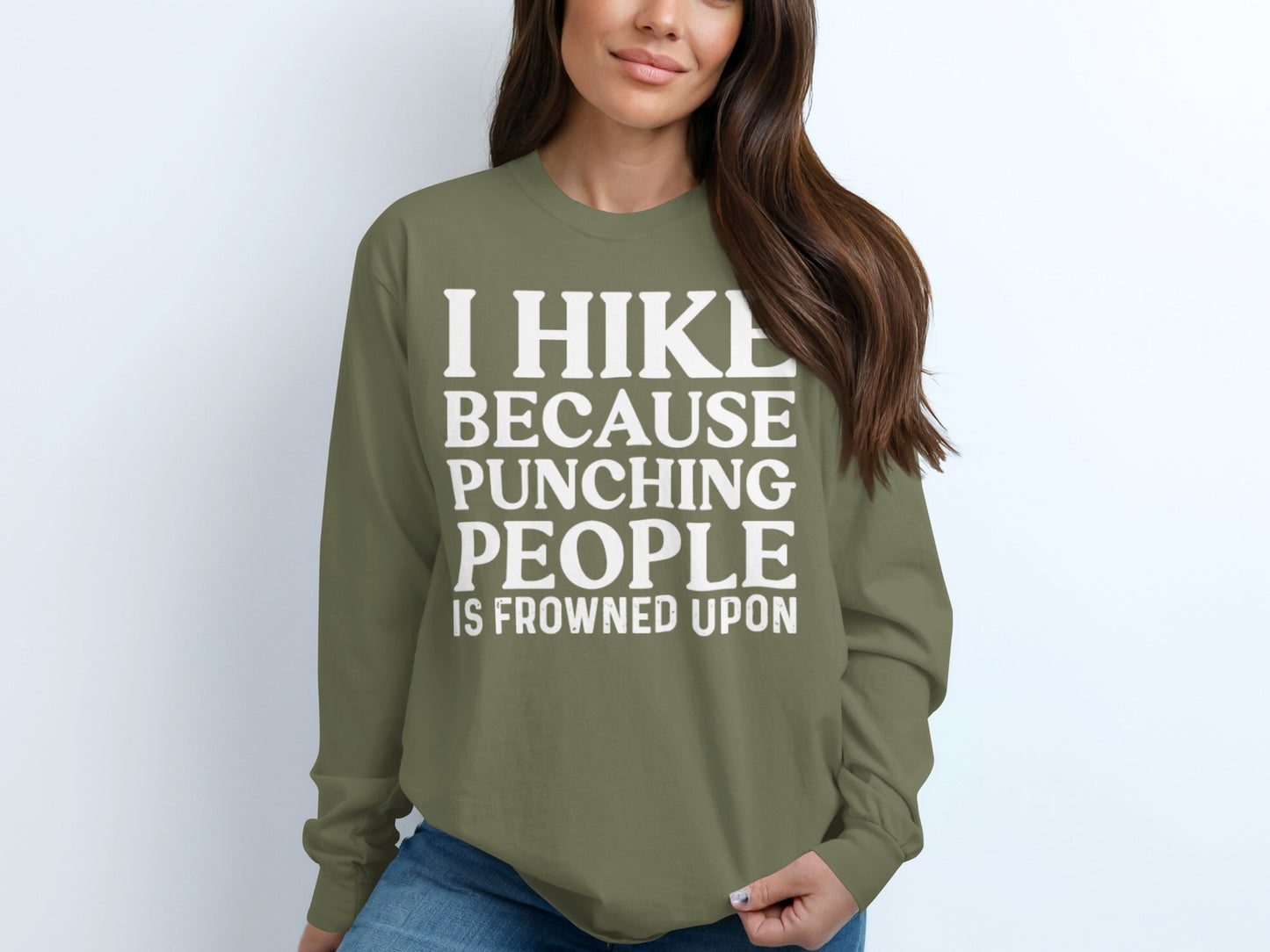 I Hike Because Punching People Is Frowned Upon Long Sleeve T-Shirt Long Sleeve Tee - Outdoor & Adventure Collection - Mile Marker 16 Gear by Cloud 16 Clothing Co.