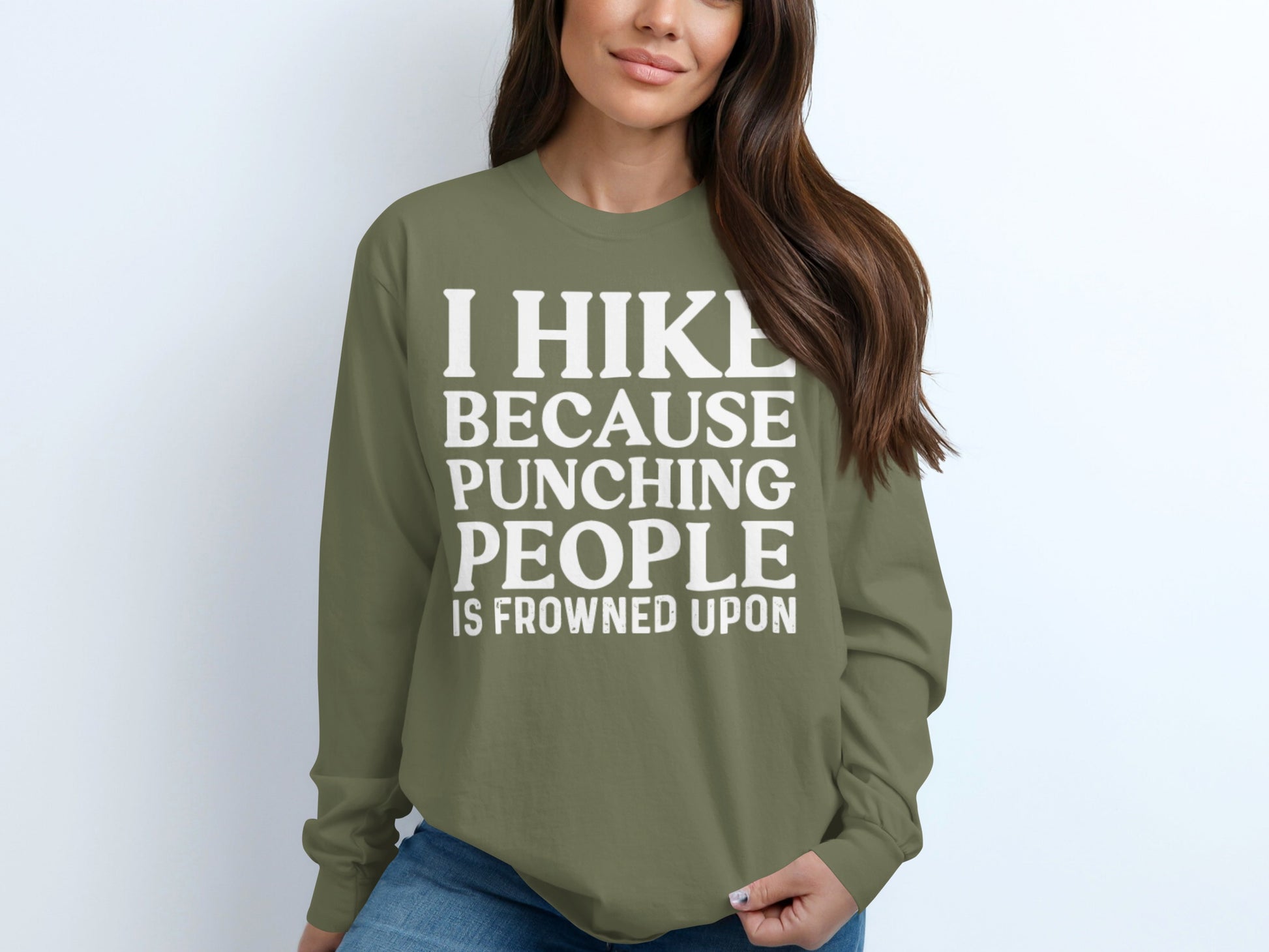 I Hike Because Punching People Is Frowned Upon Long Sleeve T-Shirt Long Sleeve Tee - Outdoor & Adventure Collection - Mile Marker 16 Gear by Cloud 16 Clothing Co.
