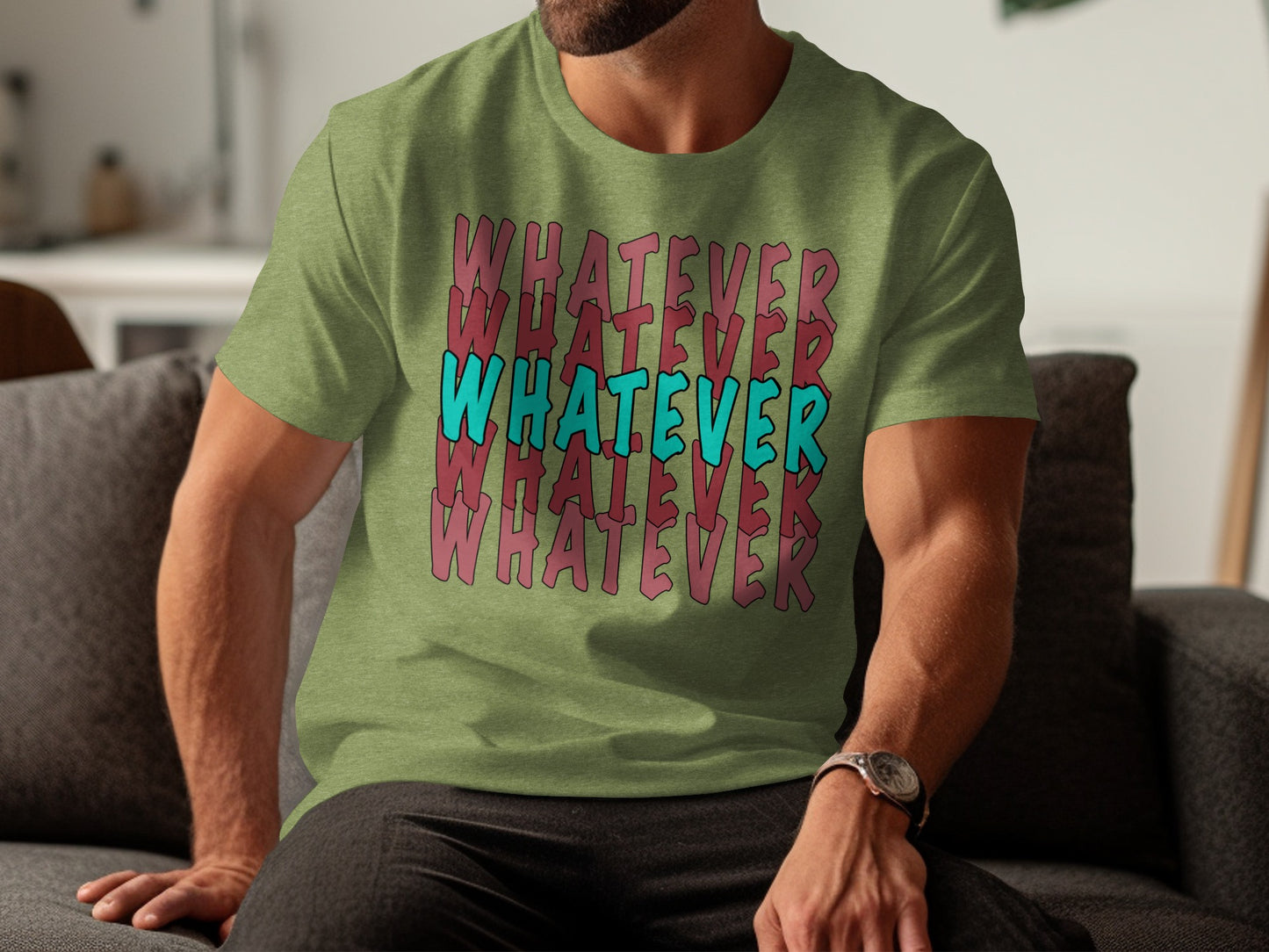 Trendy Olive Green Whatever Text Graphic Tee Shirt