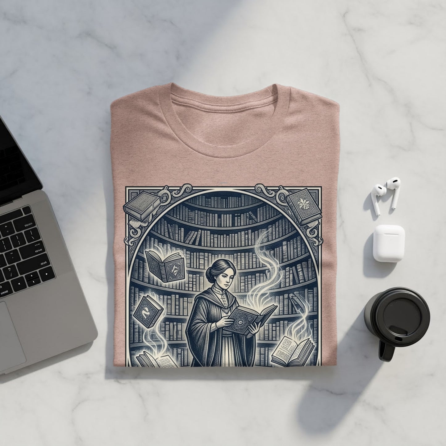 Woman in robe reading a book amidst floating books and bookshelves.