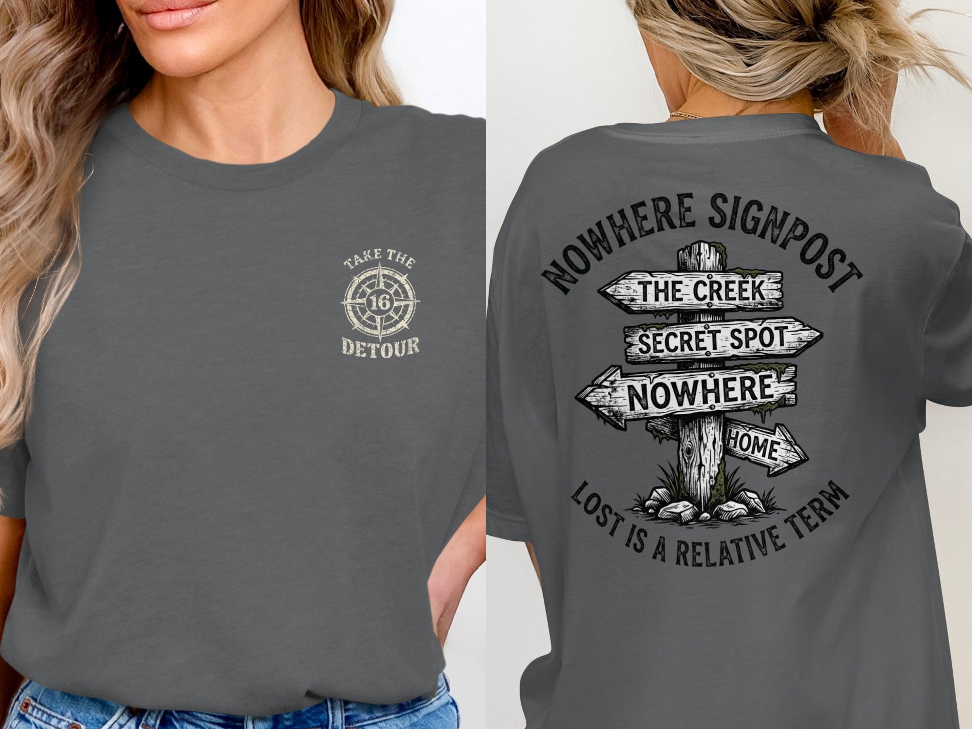 Dark grey t-shirt with "NOWHERE SIGNPOST" and directional arrows on the back.