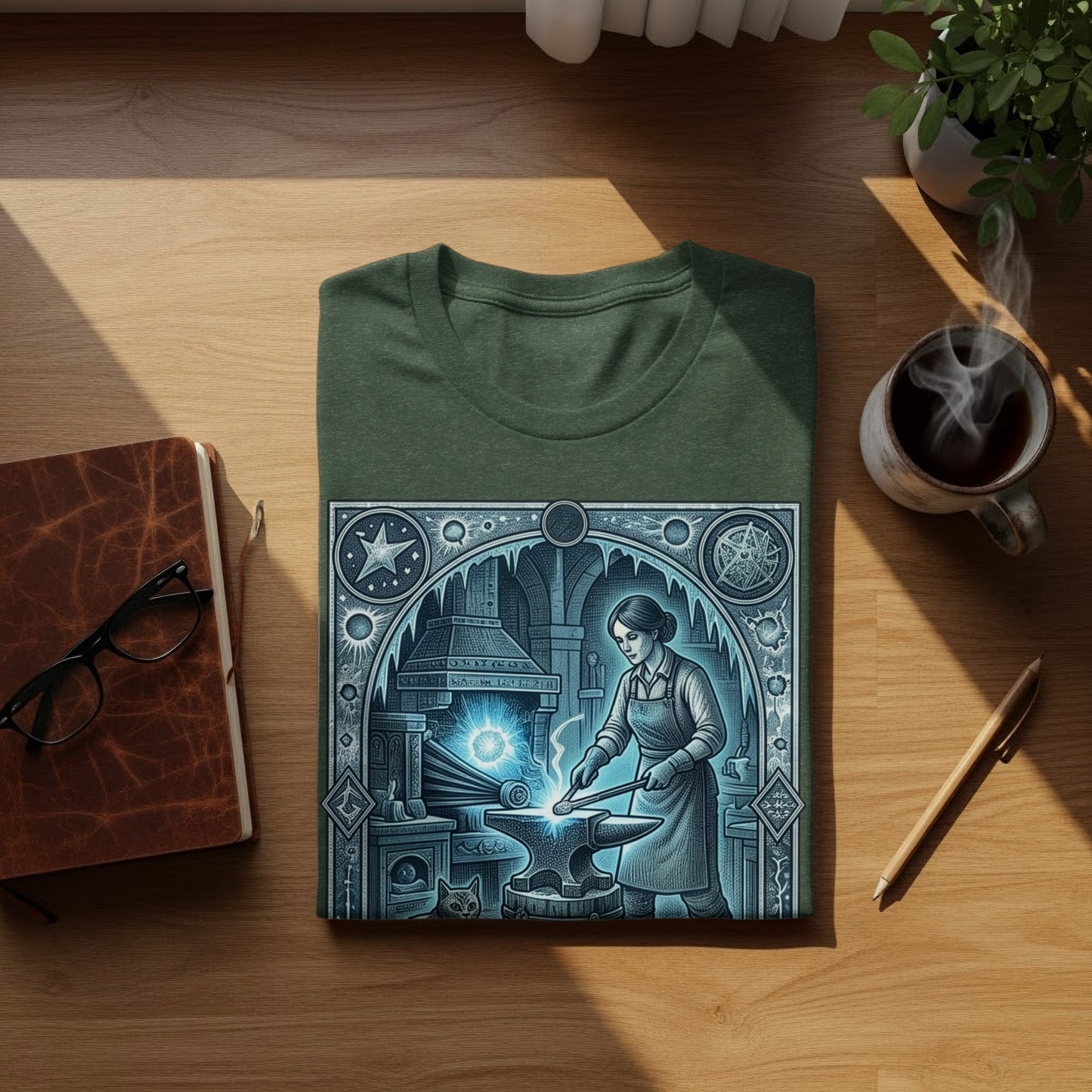 Green t-shirt with illustration of a female blacksmith at work.