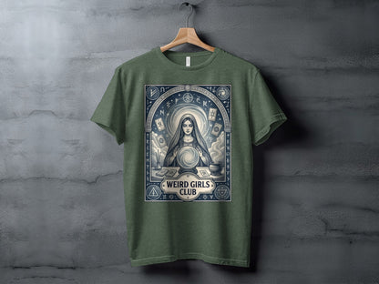 T-shirt featuring mystic woman with crystal ball and runes, "Weird Girls Club" text.