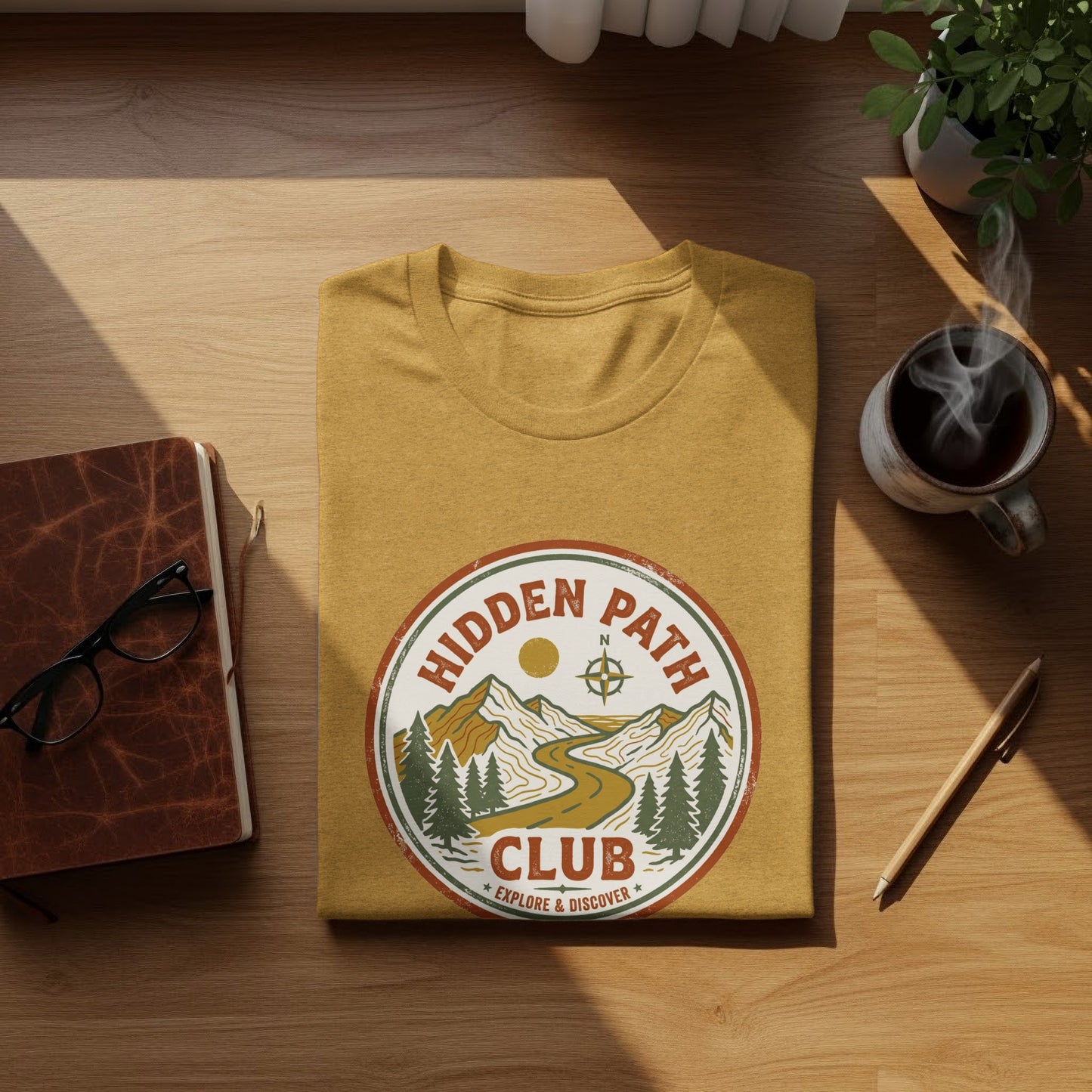 Rugged Hidden Path Club Explorer Wilderness Shirt: Yellow t-shirt with circular "Hidden Path Club" logo, featuring mountains and a winding road.